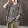 T-shirt da Donna in Cotone e Lino con Mezza Patta Stile Western Estivo Manica Corta Tasca Retrò Letterario Taglia Grande Top a Quadri Largo