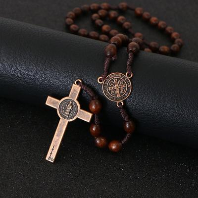 Cristo jesus contas de madeira 8mm rosário cruz pingente tecido corda corrente colar religioso ortodoxo orando jóias