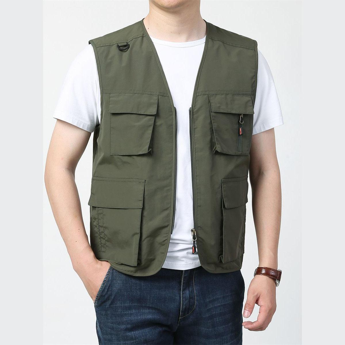 

Мужской летний жилет для рыбалки с несколькими карманами, куртка на плечо для отдыха на природе, альпинизма и фотографии XXXXL армия зеленый