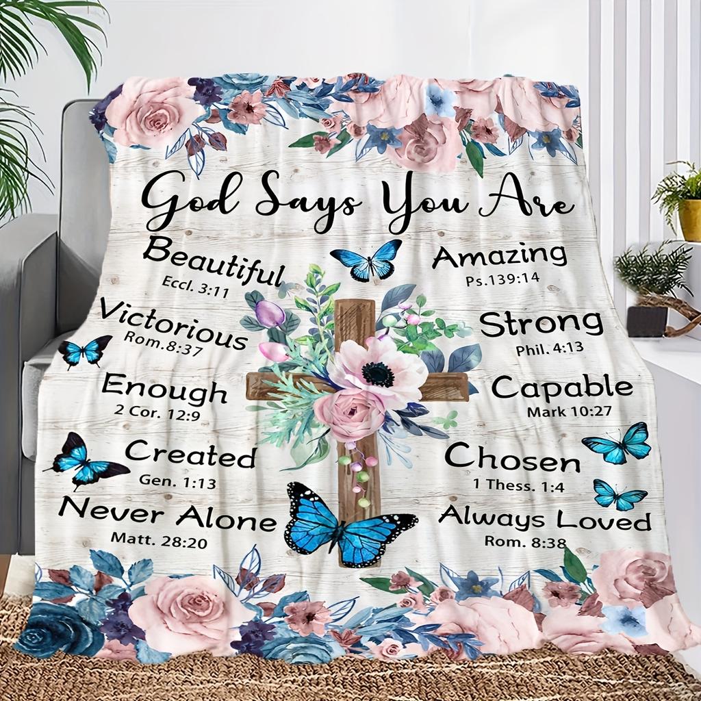 1pc Inspirational Floral Cross Print Blanket - Soft Flannel, All-Season Comfort, Machine Washable, Ideal for Travel, Sofa, Bed, Office Decor