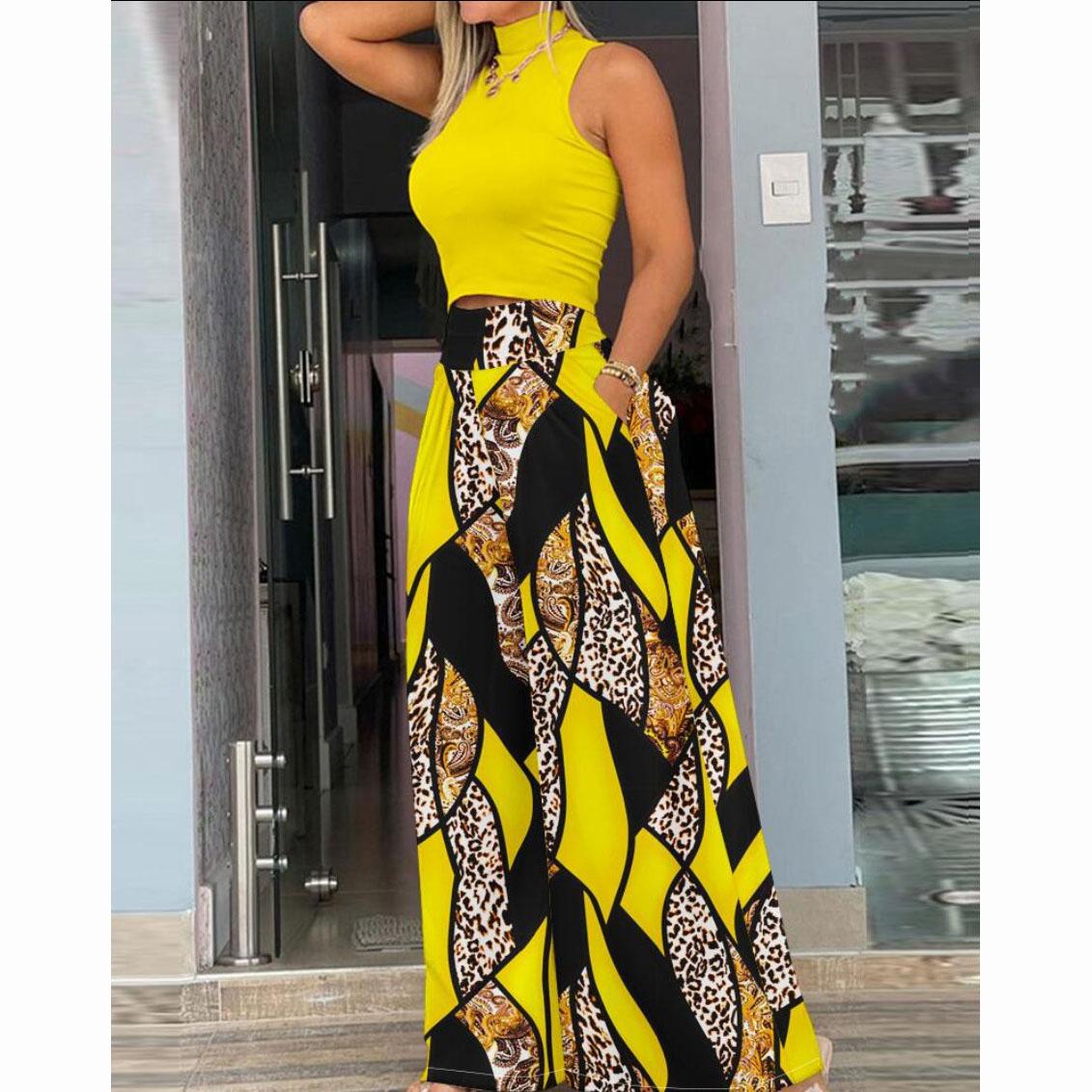 

Летняя одежда Женская принтованная двухкомпонентная футболка без рукавов, широкие брюки модная одежда XS