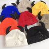 Personality With Devil Horns Winter Knitted Beanie Warm Pin Decoration Distressed Skull Cap Solid Color Funny Dome Hat Unisex