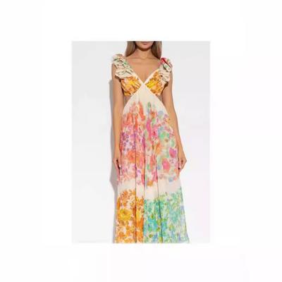 Women's Fashion Fly Sleeve V-neck Waist Slim A-line Printed Seaside Holiday Midi Dresses