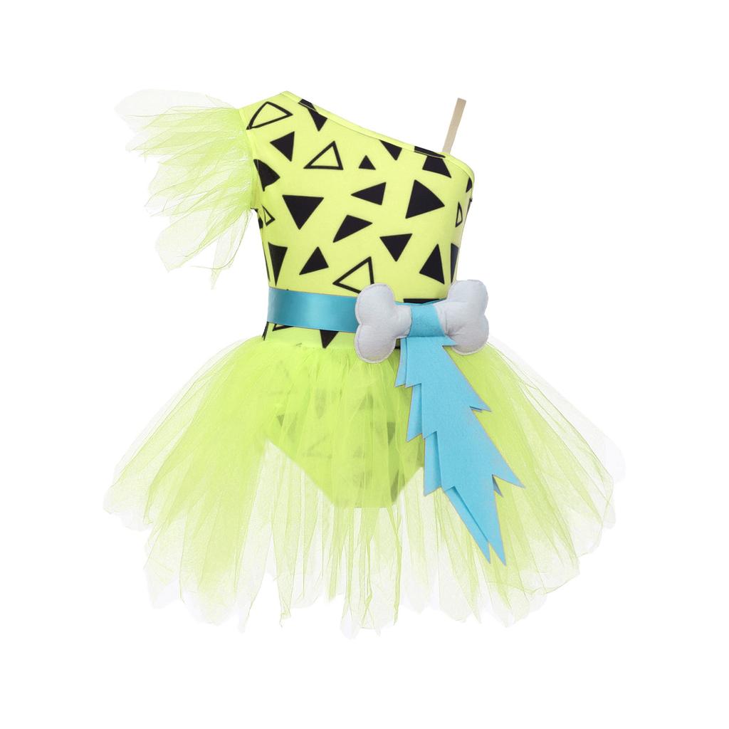 Dívčí kostým jeskynní ženy Patchworkové tutu šaty Nastavitelný popruh Síťované krátké rukávy Všité kalhotky 3D kostěný pásek Prehistorický kostým