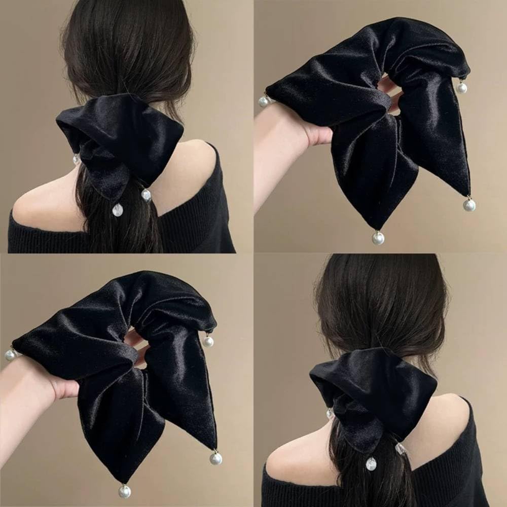 Set of 2 Velvet Ribbon BetterJonny Hair Large Hair Velvet Hair Pearl Hair Hair Gentle On Black Square Scrunchies, Accessories, Ties, Accessories,