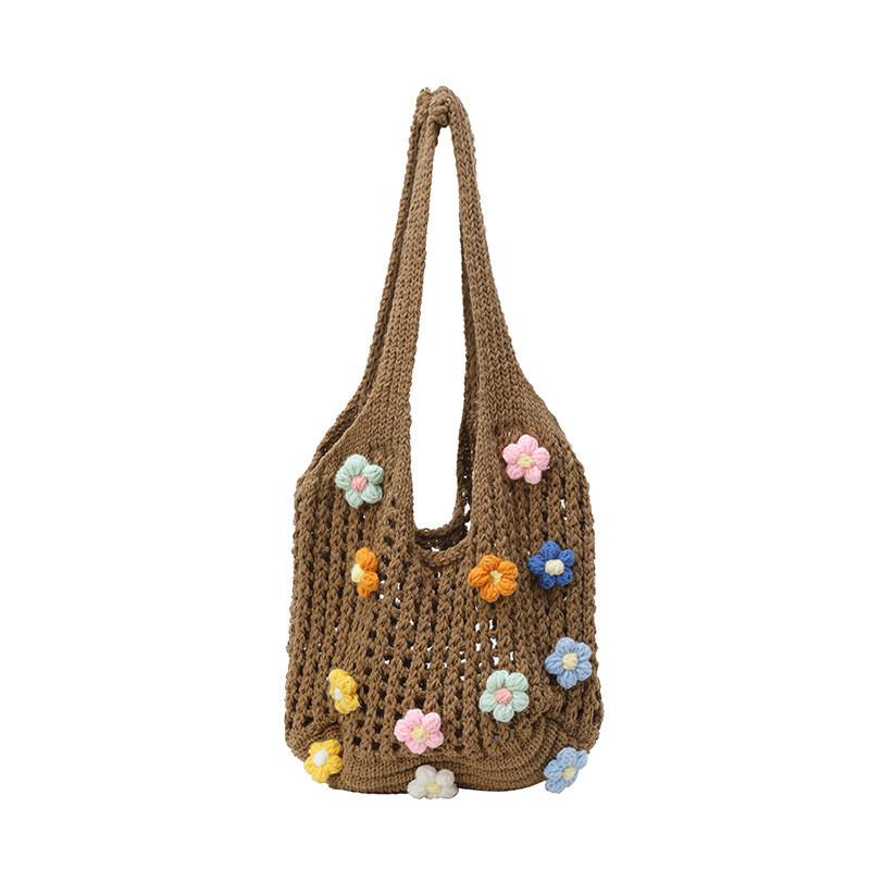 Summer Knitted Flowers Tote Bag With Woven Design For Casual Daily Use