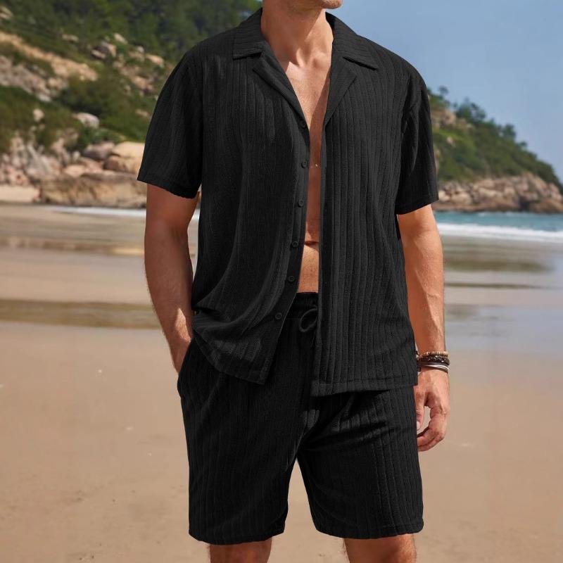 Herren Casual Unifarbenes Kurzarmhemd und Shorts Zweiteiliges Set