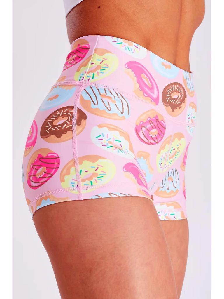 Strawberry Donut High-Waist Yoga Shorts - Women's Printed Fitness & Sportswear.