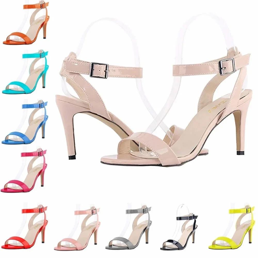 Women Sandals Stilettos Summer Sexy Open Toe Ankle Strap High Heels Ladies Shoes Buckle 9cm Mid Thin Heel Party Wedding Shoes