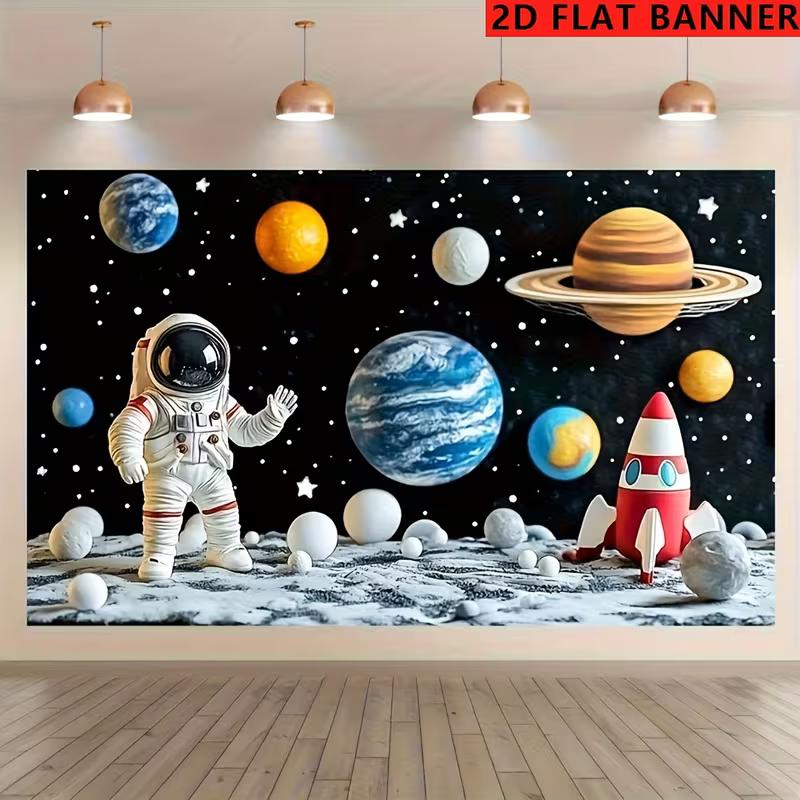 2D Outer Space Banner Astronaut On Moon with Planets and Rocket for Room Decoration