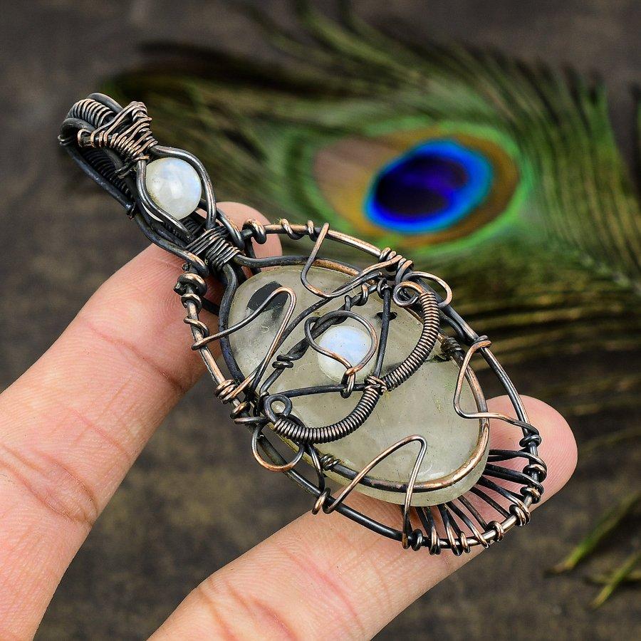 Prehnite, Moonstone Gemstone Copper Wire Wrap Jewelry Pendant 3.35"