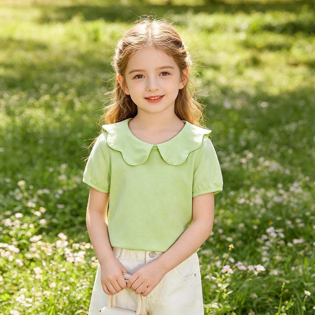T-shirt da bambina a maniche corte con colletto e bordino in pizzo, top casual