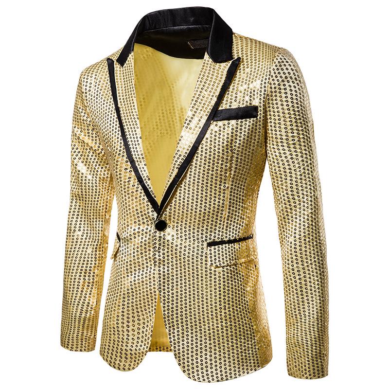 CHEST Men's Golden Shiny Party Fashion Suit Stage Singer Wedding Groom Jacket Master Coat