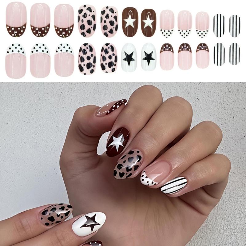 Short Oval Press On Nail With Mixed Pattern Art, Leopard Star Dot Stripe False Nail Set, 10Piece Manicure Kit for Party