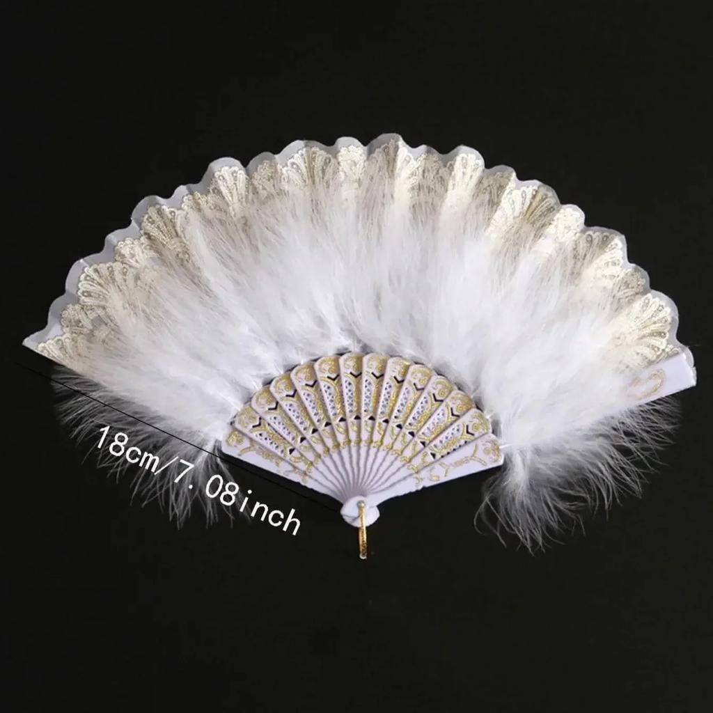 1pc-Vintage Simulation Feather Lace Fan with Gold Stamping Feather Fan in White