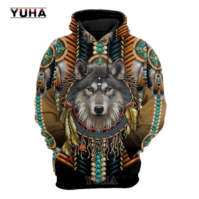 Wunderschöner Tribal Native Wolf 3D All Over Bedruckter Herren Hoodie Herbst Unisex Sweatshirt Pullover Lässige Streetwear Große Größe