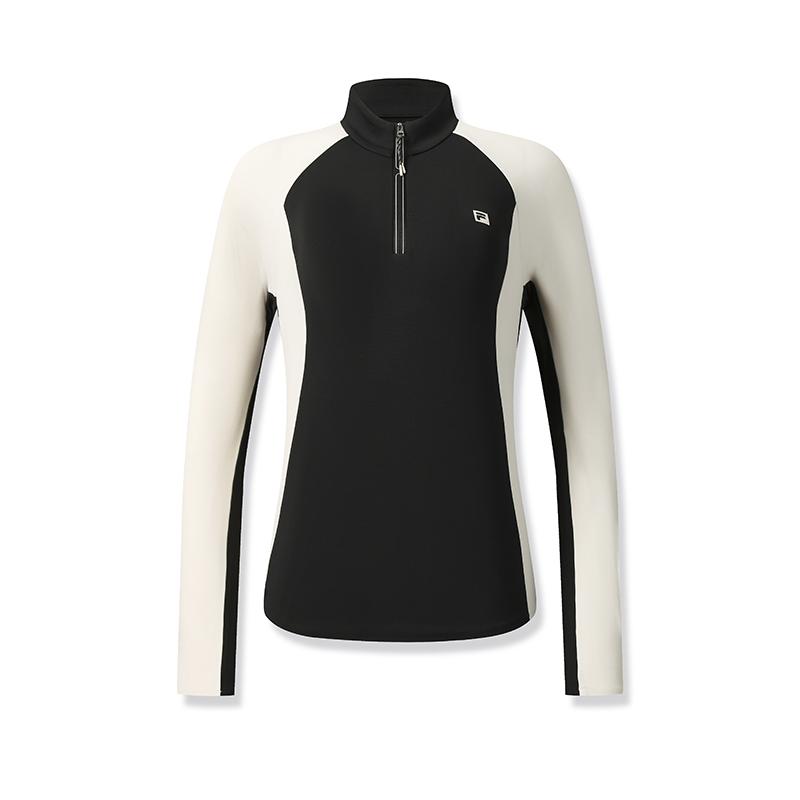FILA Fitness Casual Simple Versatile Elastic Comfortable Spliced Half-Zip Knitted Long Sleeve T-Shirt Women Tops A11W541205FBK