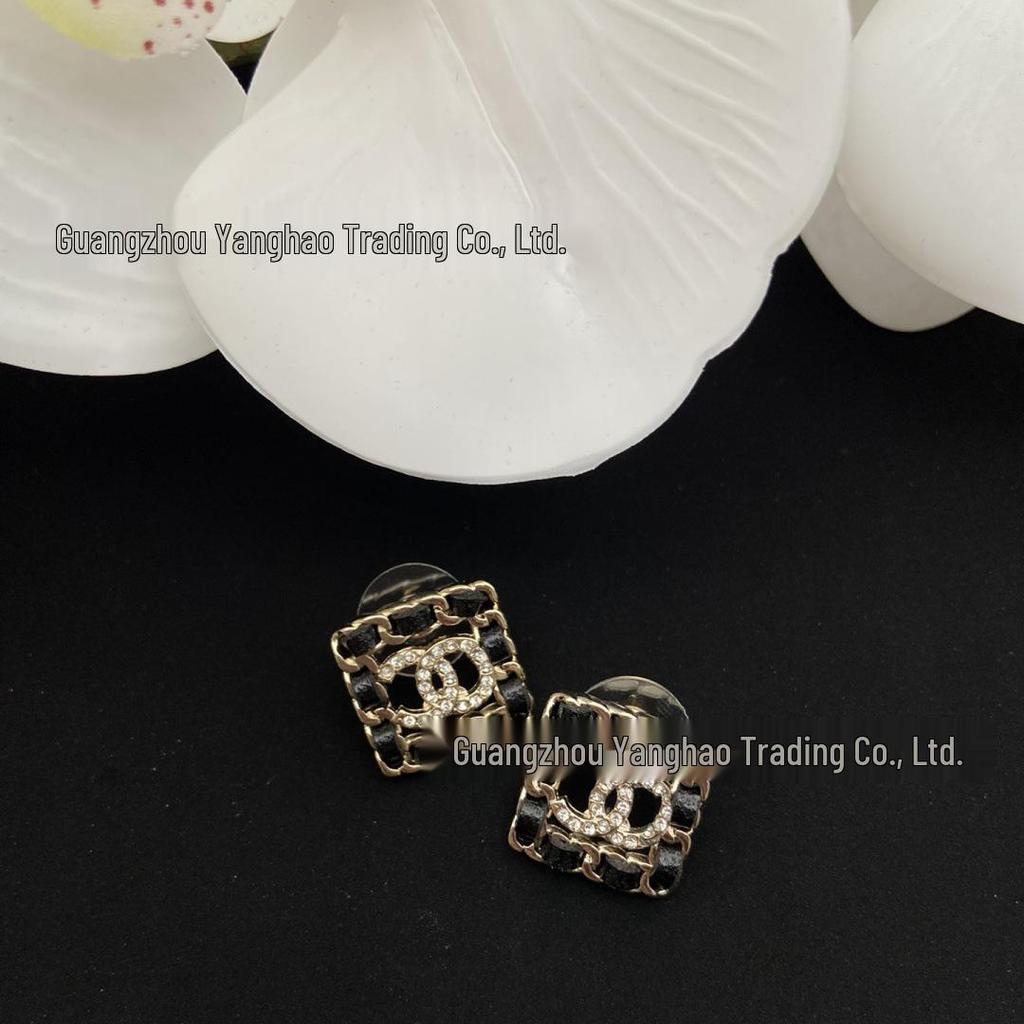 Seiko Coco Style Women's Square Black Leather Stud Earrings with Full Diamond Double C Design