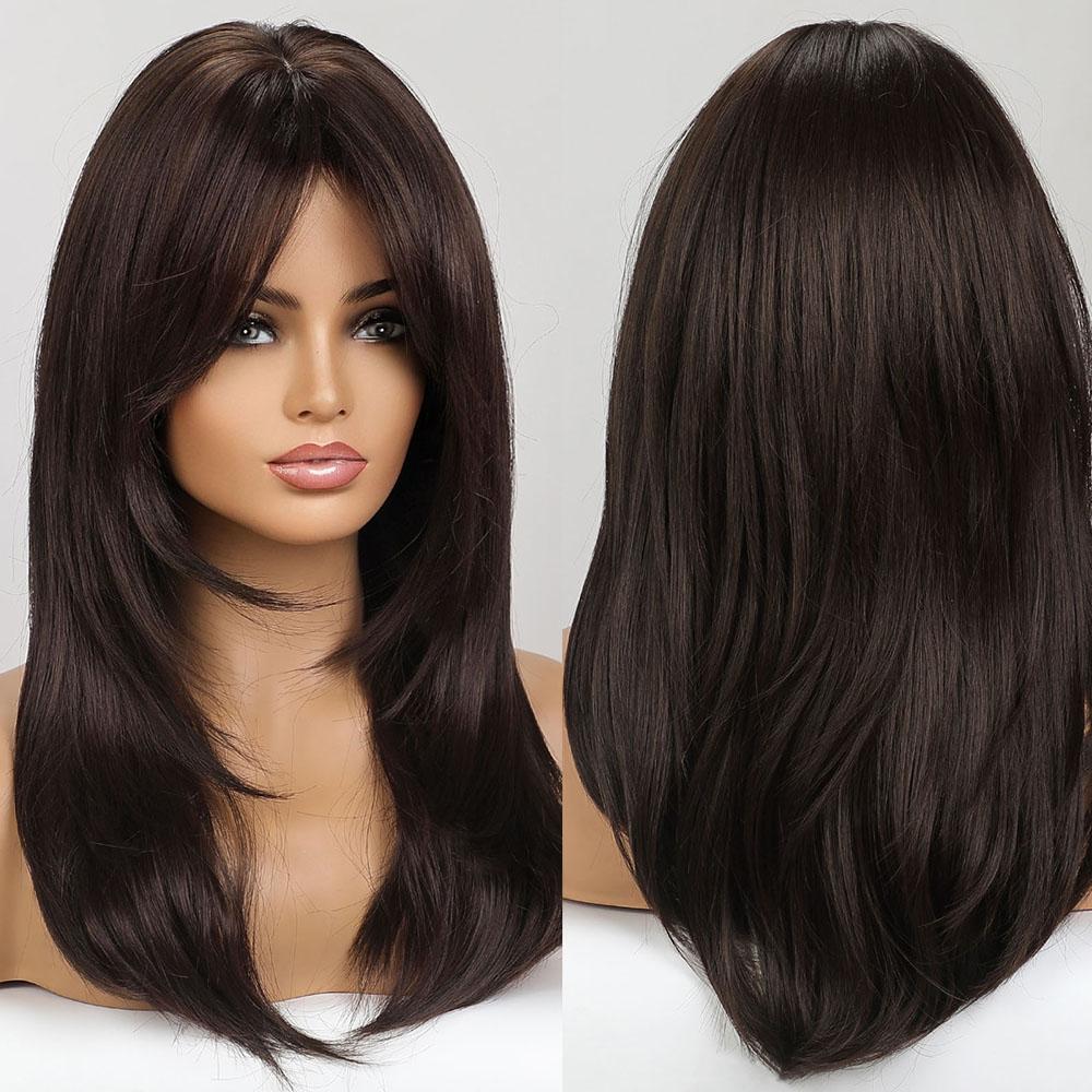 Long Wavy Layered Black-Brown Shoulder-Length Wigs With Bangs Heat Resistant Synthetic Wigs for Women Cosplay Daily Natural Wigs