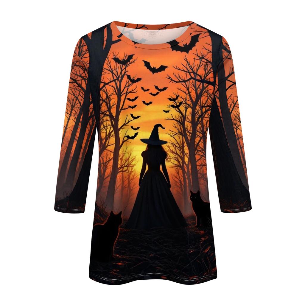 Women's Three Quarter Sleeve Round Neck Halloween Print Blouse Top