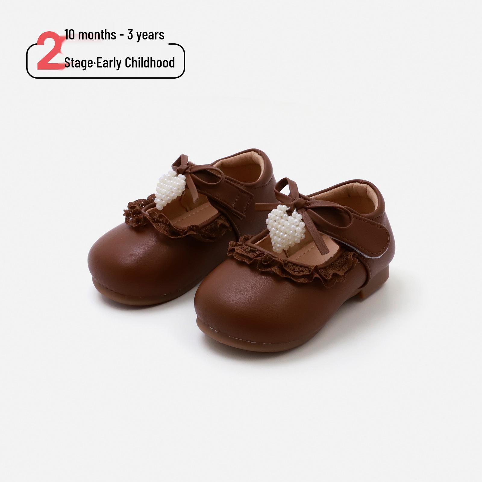 Spring 2026 Girls  Princess Bow Lace First Walker Soft Sole Shoes 16/12.0cm коричневый