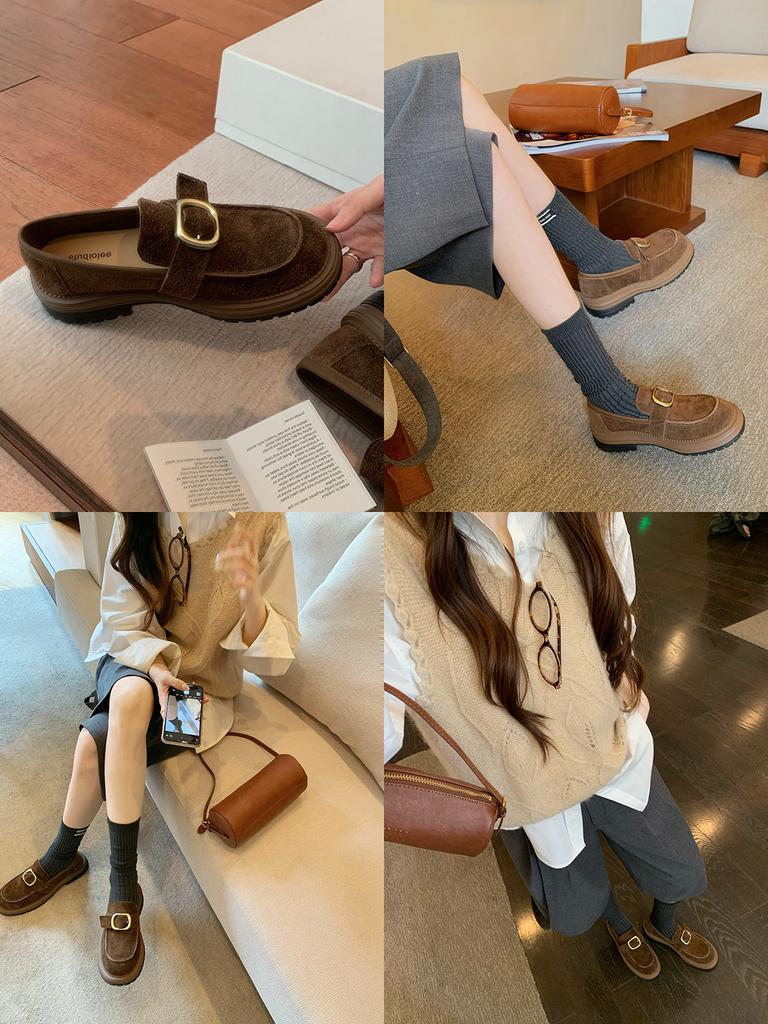 Rindslederversion~ Jialida Damenschuhe erhöhen die Höhe um 4 cm Metallschließe mit Plateau Slipper, Damen Faulenzer Pedal kleine Lederschuhe mit