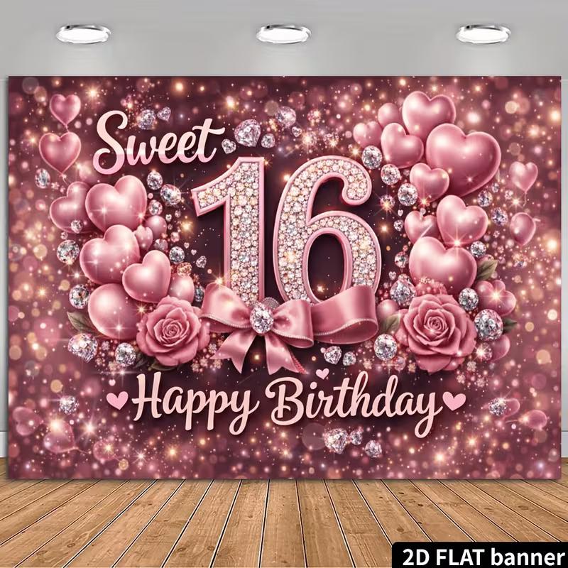 2D Pink Glitter Bokeh with Heart Balloons & Floral Photography Background