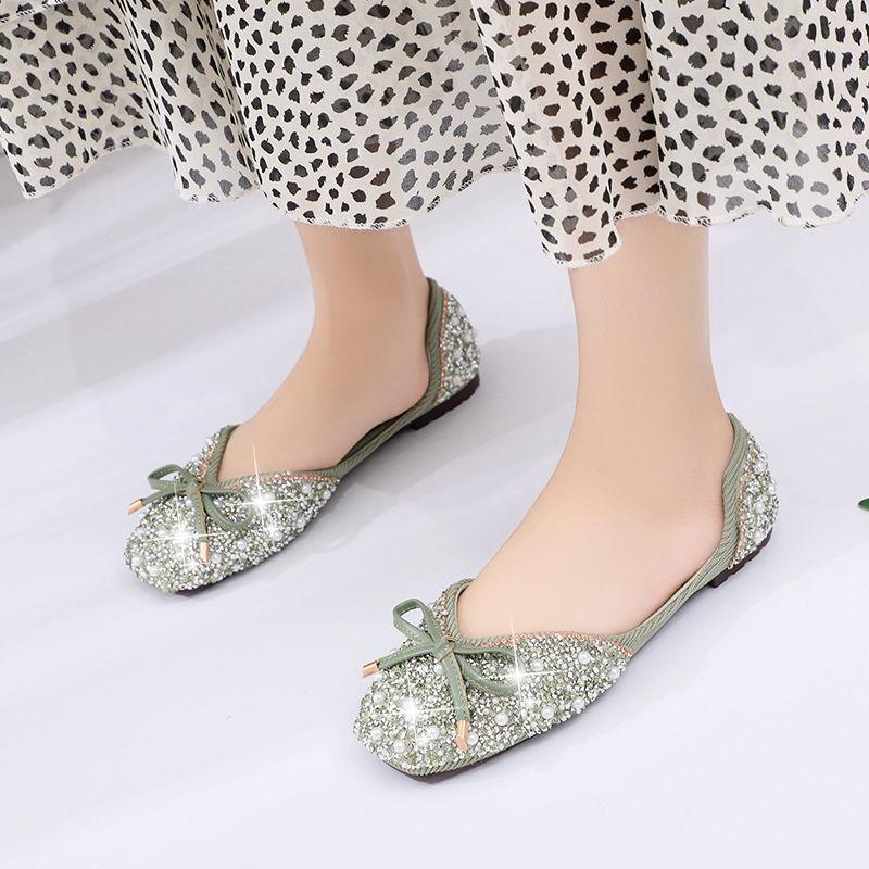 Single Shoes Women's Rhinestones 2025 Summer-autumn Korean Version of Internet Celebrity Bow Pumps Pearl Sleeves Flat Granny Shoes