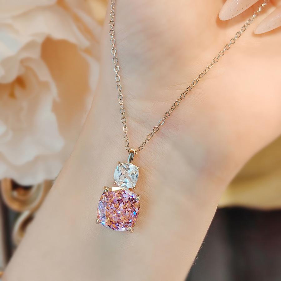 Luxurious Pink Diamond Necklace & Purple Pendant, High Carbon Diamond Earrings, and Ice Flower Cut Ring Gemstone Set for Women