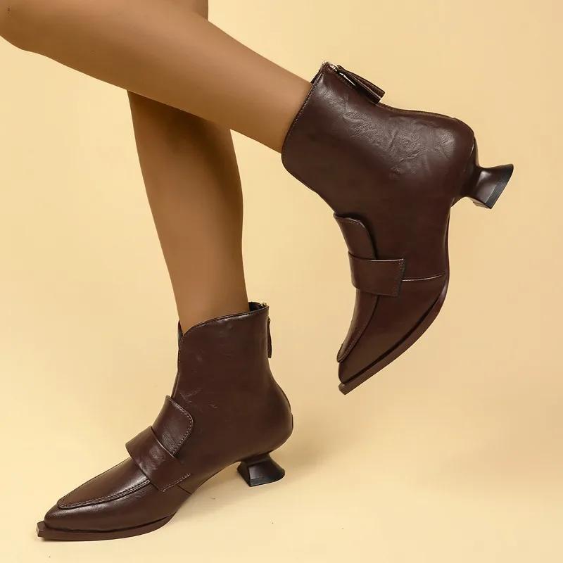 Fashion 2025 Pointed Toe Women Hot Selling High Quality Fashionable Ankle Boots Mid Heels Designer Leather Shoes Woman Trend