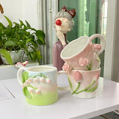 Taza de Café de Cerámica Rosa Cubo en Relieve Flor de Tulipán Regalo para Niña Taza de Flores Taza de Té para Oficina Taza de Leche para Desayuno Decoración del Hogar
