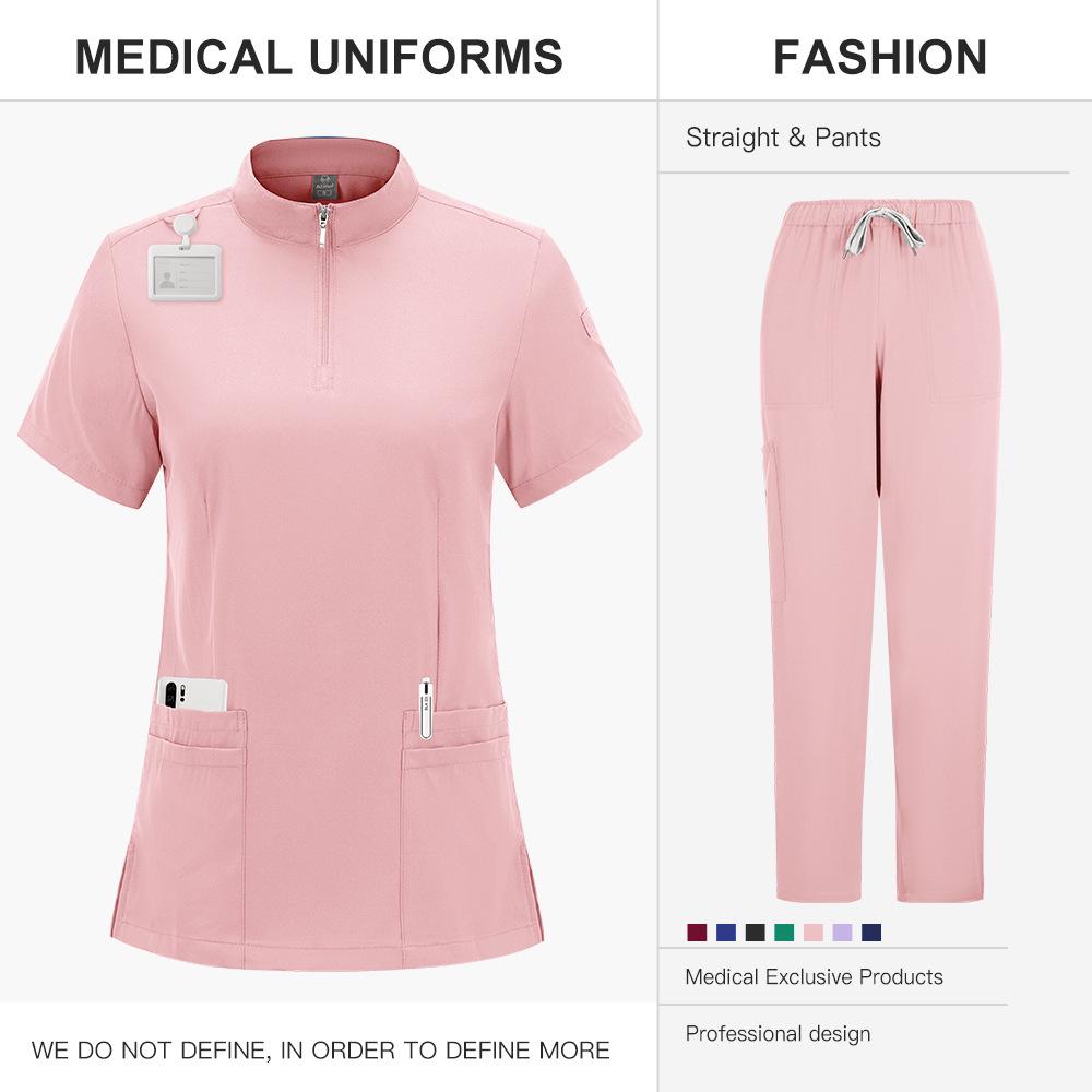 Zippered Stand-Up Collar Scrub Suit with Straight-Leg Pants In Solid Color for Healthcare Professionals
