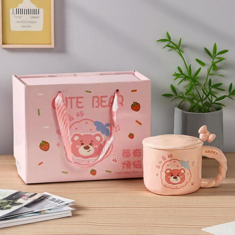 Tasse mit Deckel Löffel Niedliche Ins Style Tasse Hoher Wert Keramik Wasserbecher Rosa Bär Geburtstagsgeschenk Souvenir