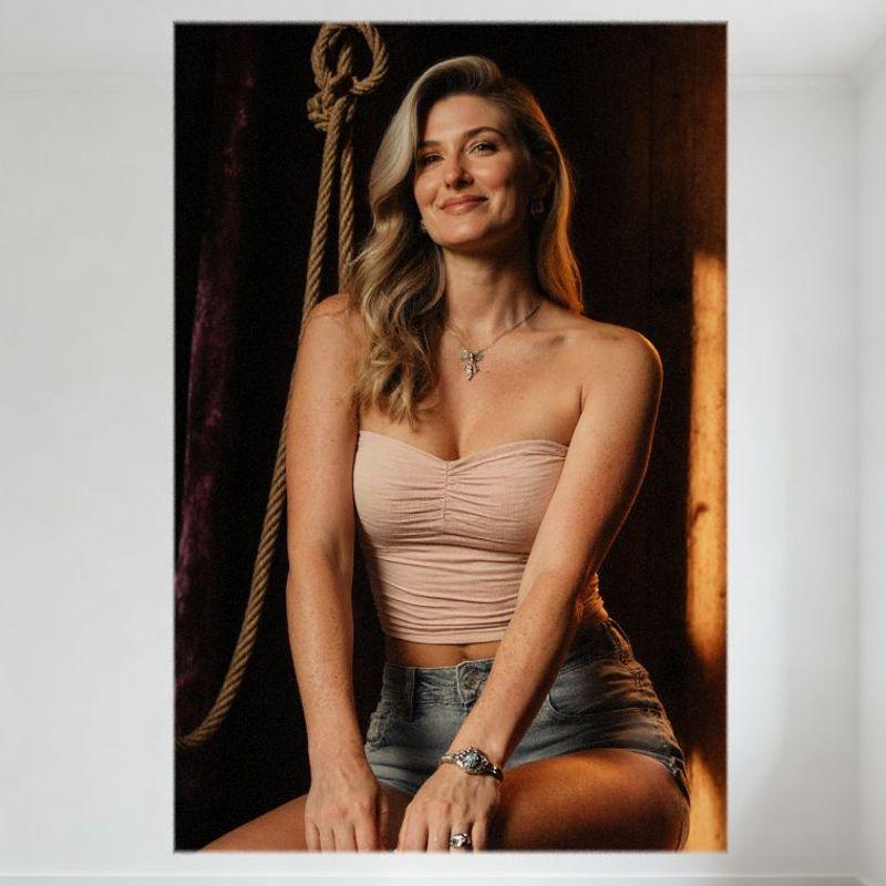 Sexy Blonde Woman Wavy Hair Light Pink Crop Top Denim Shorts Wooden Wall Rope Knot Curtain Warm Light Tin Sign Metal Poster Bar