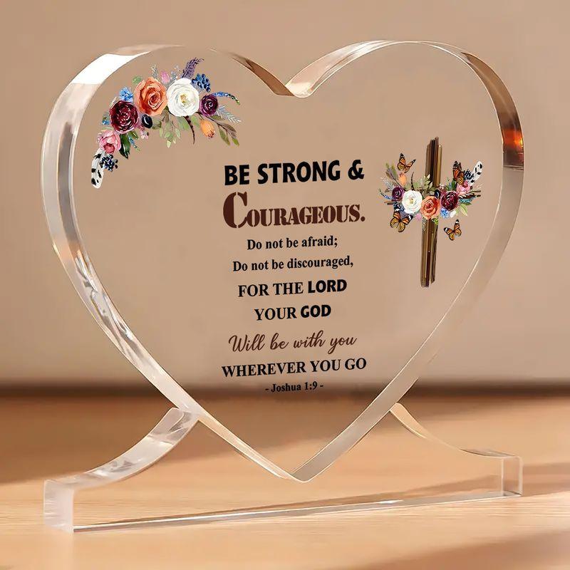 Inspirational Christian Scripture Cross Decor - Acrylic Heart-Shaped Desk Ornament with Joshua 1:9 Verse, Floral Design, Perfect for Home, Office, o