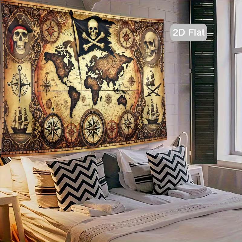 Vintage Pirate World Map Tapestry - Skull & Compass Wall Hanging Decor