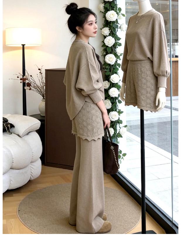 Korean Style Loose Knit Sweater & Lace Patchwork Wide-Leg Pants Set for Women