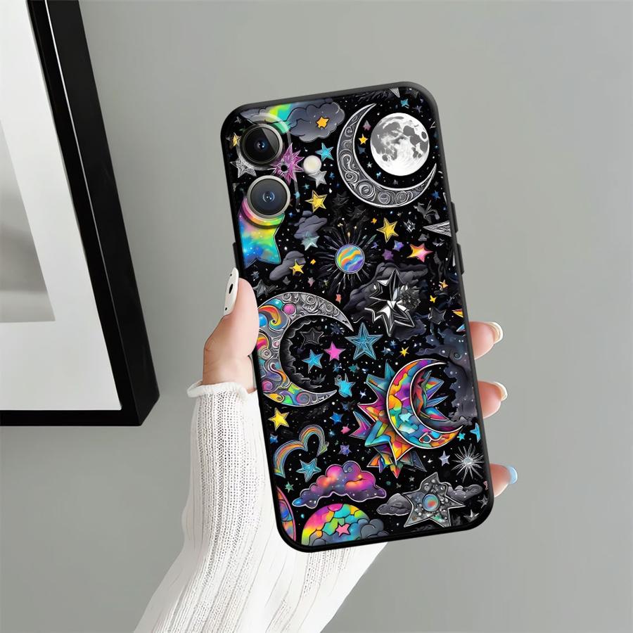 Case for iPhone 7 8 15 16 14 Plus XR 13 12 11 17 Pro Max 17Air XS Max Black Soft Phone Cover Star Moon Pattern