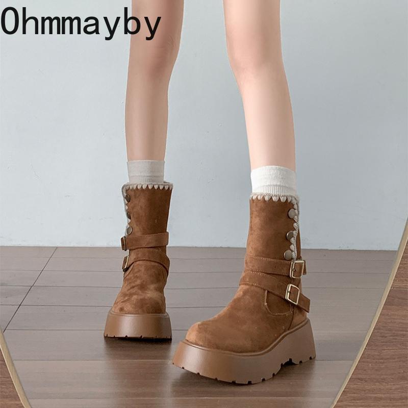 Vintage Chunky Platform Flats Women Ankle Boots Fashion Belt Buckle Height Increase Shoes Autumn Winter Women's Short Booties