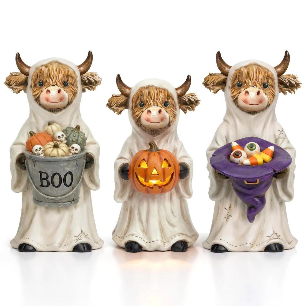 3 Halloween Highland Cow Statues, Cute Ghost Decorations, Hooded and Mummy Cow Statues with Pumpkin Decorations, for Layered Trays, Shelves