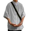 Men Simple Stand Collar 3/4 Sleeve Casual Shirt Solid Color Loose Fit Single-breasted Patch Pocket Shirt Tops Workwear
