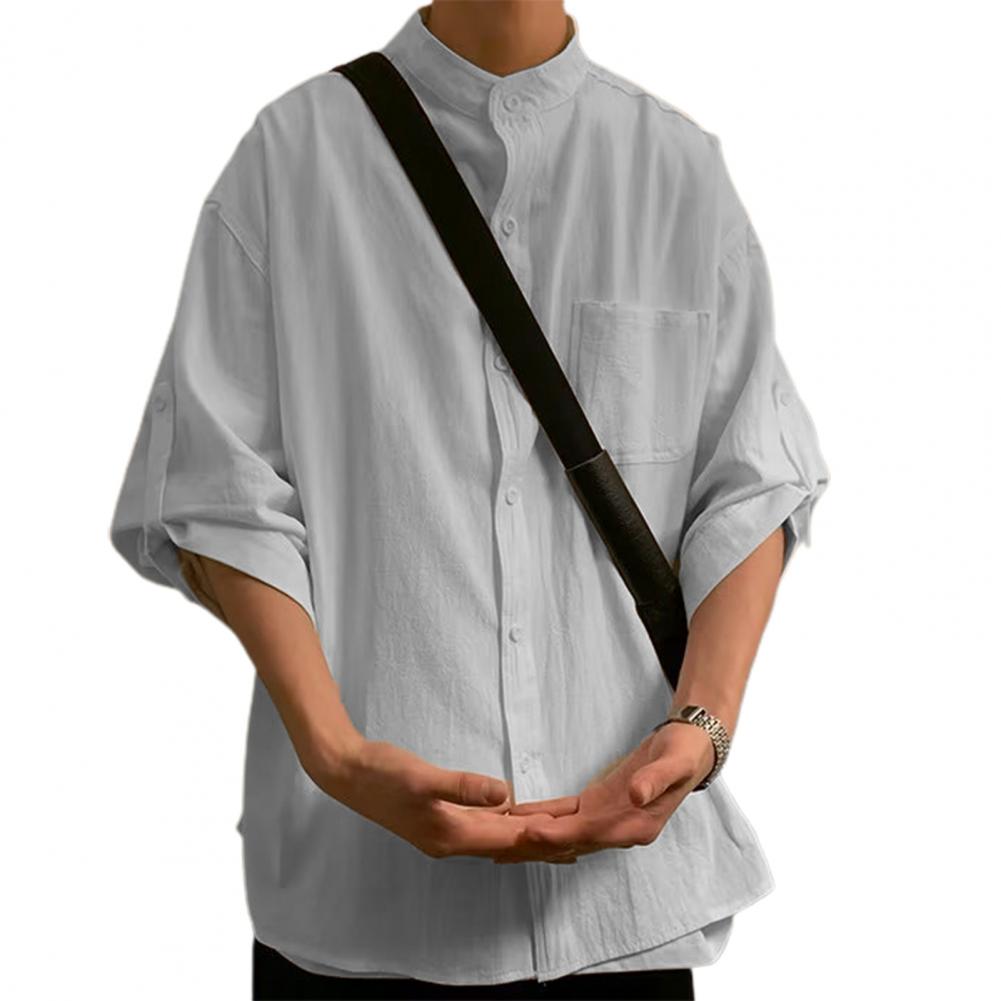 Men Simple Stand Collar 3/4 Sleeve Casual Shirt Solid Color Loose Fit Single-breasted Patch Pocket Shirt Tops Workwear