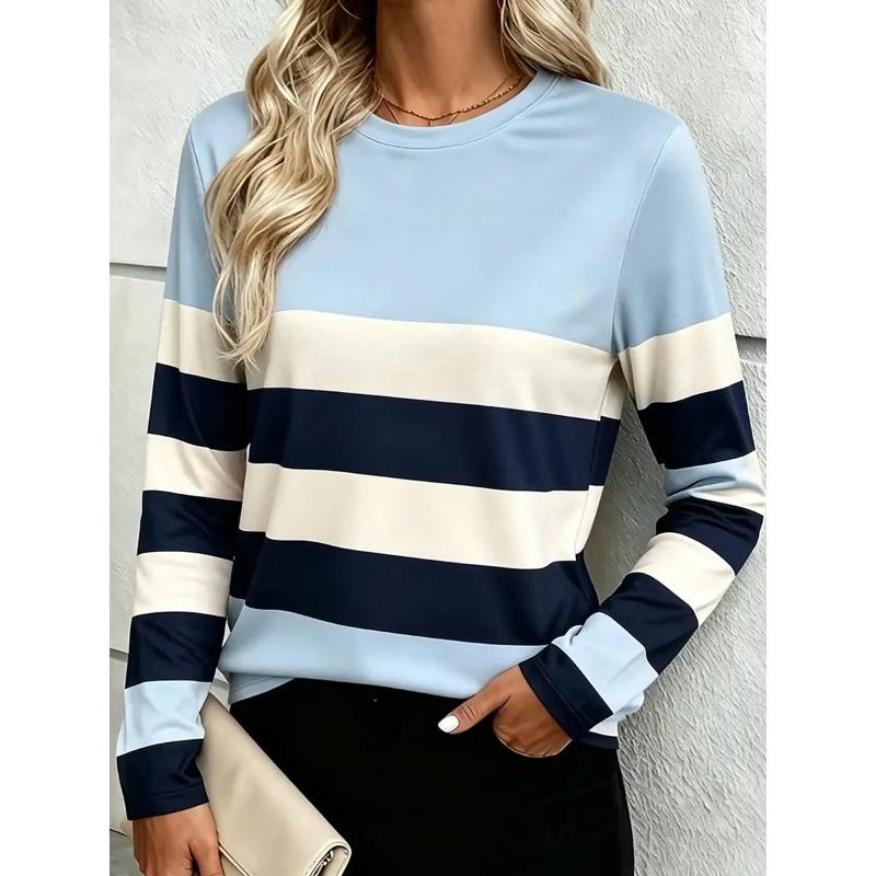 Autumn and Winter Women's 3D Stripe Printed Crew Neck Long Sleeve T-Shirt