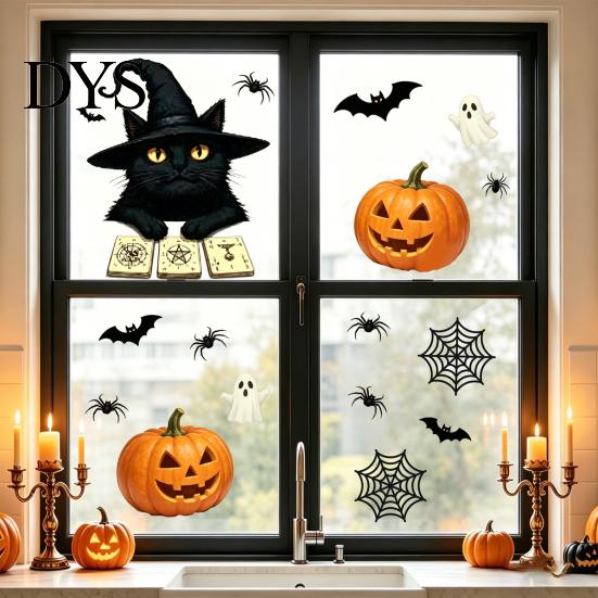 Halloween Glass Stickers Cute Black Cat Window Clings, Pumpkin Ghost Bat Spider Easy Apply Clings Decals, Non-Adhesive for Door Party Holiday