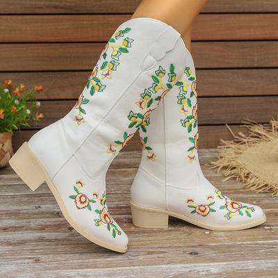 Scarpe da Donna in Saldo 2024 Slip-on Stivali da Donna a Mezza Gamba Stivali Retro Quotidiani Donna Ricamo Punta Quadrata Tacco Quadrato Scarpe Donna