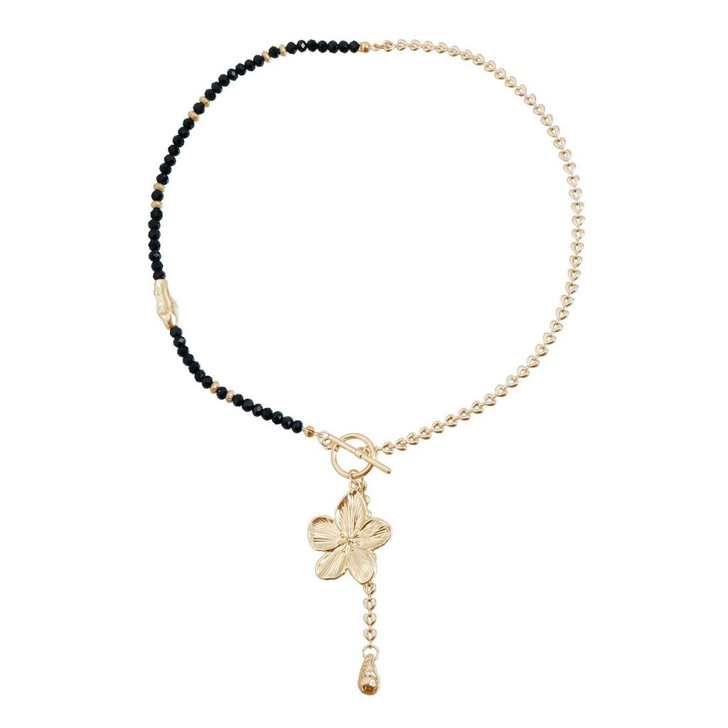Black and Gold Floral Pendant Necklace with V-shaped Clavicle Chain