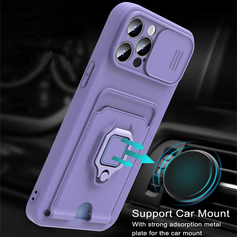 Luxury Slider Lens Privacy Protection Phone Case For iPhone 17 16 E 15 14 13 12 11 Pro Max Plus Magnetic Ring Card Holder Cover