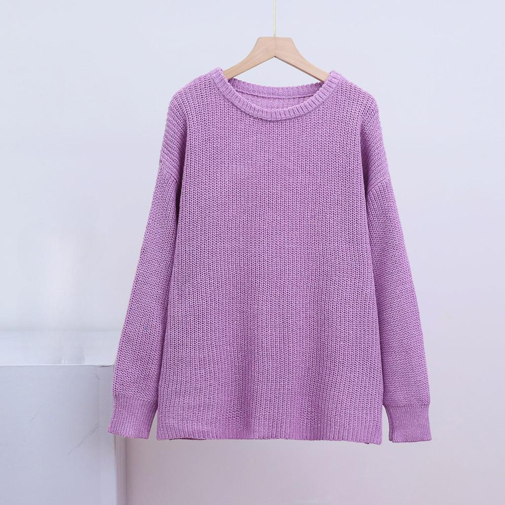 Sweater Ladies's Fall and Winter Loose Round Neck Solid Color Long-sleeved Lazy Knitted Coat Ladies