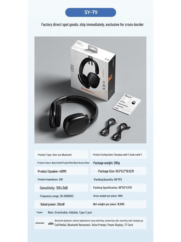 T9 Over-ear Bluetooth Headphones - No Sound Leakage, Long Battery Life, Stereo Noise Cancelling, Wireless Sports Earbuds