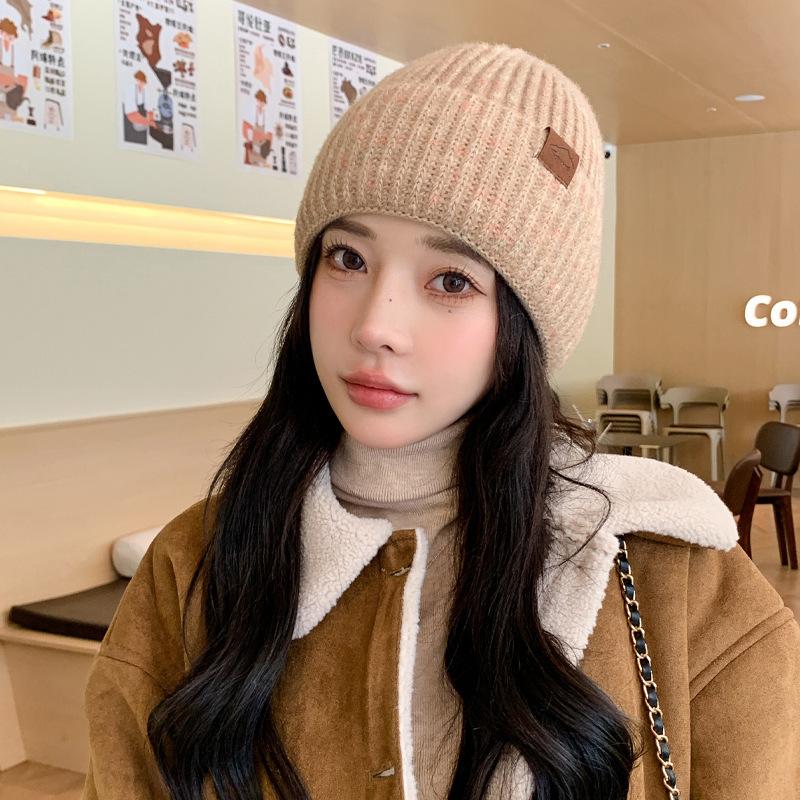 Hat Female Alphabet Leather Label Knitted Wool Hat Winter Warm Student Pullover Hat Thick